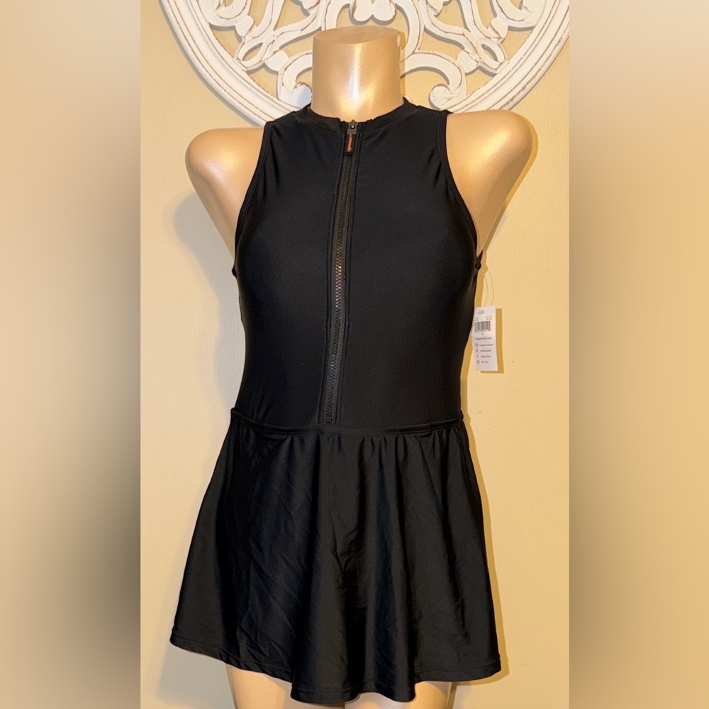Coppersuit womens medium 8 10 bathing suit swim dress athletic zip black NWT - Picture 3 of 12